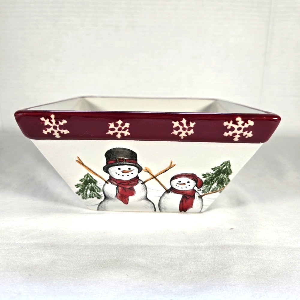 NWT St. Nicholas Square Yuletide Square Bowl Snowman Red Green Christmas Dishes